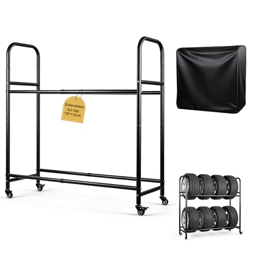 EXLECO Verstellbar Reifenregal bis zu 8 Reifen, Regallänge 63-108cm, Werkstattregal mit Schutzhülle & Lenkrollen, Garage Reifenhalter, Felgenständer, Beschichteter Stahl Schwarz Tragkraft 100-200kg