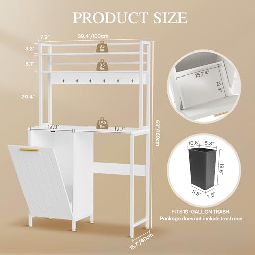 DWVO Mini Fridge Stand with Trash Can Storage Kitchen Bakers Rack with Power Outlets Freestadning Coffee Bar Cabinet 3-Tiers Coffee Stand Station for Kitchen Dining Room Living Room Office White