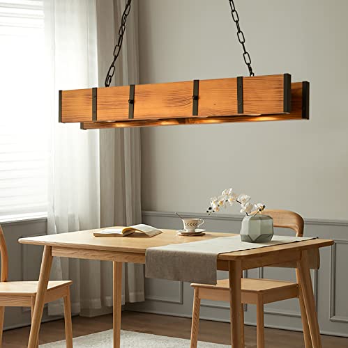 Lustre Suspendu Rustique Chic Poutre en Bois et Spots LED Orientables