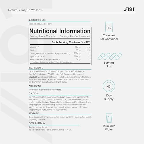 Multi Collagen 2400mg – Types I, II, III, V & X – 180 Capsules – Wild Caught Marine, Grass Fed Bovine, Eggshell & Free-Range Chicken Collagen Powder, with Hyaluronic Acid & Vitamin C – by Alpha01 - Image 2