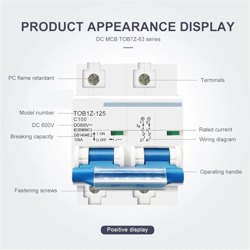 Disyuntor MCB 2P CC 600V 80A con Curva C e Interruptor principal de batería para carril DIN 3