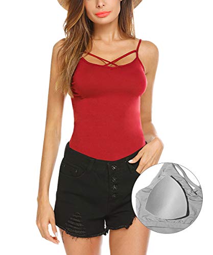 SLIMBELLE Mujer Camisola con Sujetador Extraíble Correas Cruzadas Correas de Espagueti Ajustables Yoga Camiseta de Tirantes Chaleco Borgoña