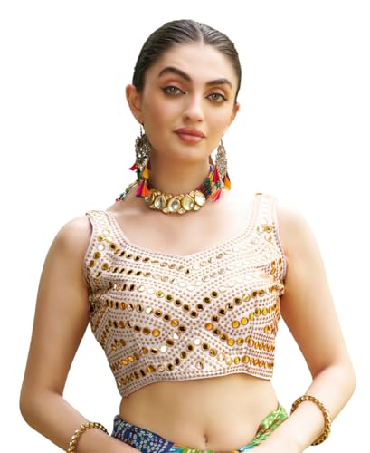 Image of Pujia Mills Women's Embroidery Work Real Mirror Sleeveless Readymade Blouse