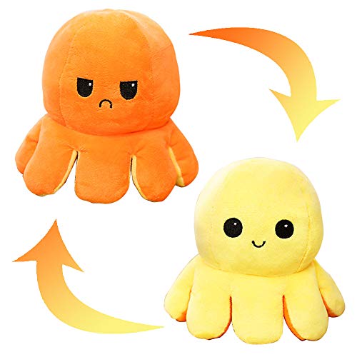 Flyglobal Jouet en Peluche de Poulpe Flip Double Face, Poupée Pieuvre Réversible Animaux Mignon Lavable, Cadeau pour Enfants Garçons Filles (Orange-Jaune)