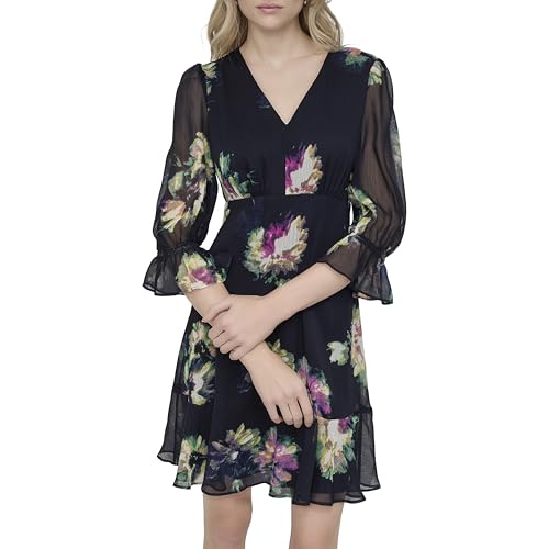 Image of DKNY Women's V-Neck Balloon Sleeve with Ruffle Hem