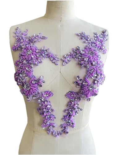Handmade Rhinestones lace Trim Patches handsewing Beads Applique for Dress One Pair DIY Accessories (Lightpurple)