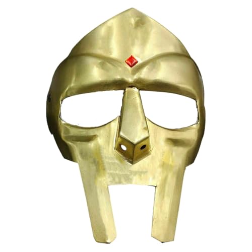 MF Doom Inspired Metal Face Mask – Supervillain Style Cosplay Mask with Red Gem Detail – Handmade Golden Replica for Halloween, LARP, Festivals, Collectors, and Costume Events