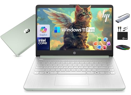 HP 14" Laptop Computer 2025-2026 Business Student, Copilot AI, Lifetime Office, 4-Core Intel CPU, 16GB RAM, 628GB Storage (128GB UFS+500GB Ext), Wi-Fi 6, 10+ Hrs, MarxsolAccessory, Win 11 Pro, Green