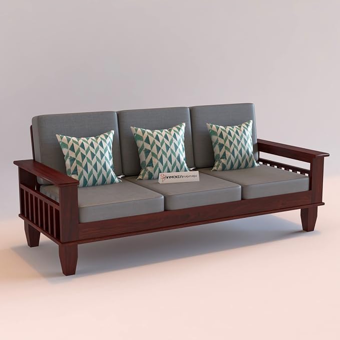 Image of Sheesham Wooden 3 Seater Sofa for Living Room | Rosewood 3 Seater Cushion Sofa with Side Newspaper Holder for Home & Office | Solid Wood Sofa Set for Lounge (Mahogany Finish)