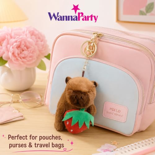Image of Wanna Party Cute Capybara Plush Keychain with Strawberry, Soft Stuffed Toy Bag Charm with Metal Key Ring