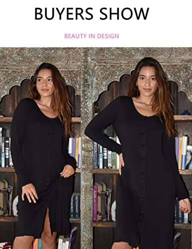 Ekouaer Womens Nightgown Long Sleeve Button Down Nightshirt V-Neck Sleepwear Loose Pajama Dress For Autumn/Winter Black #TOP4