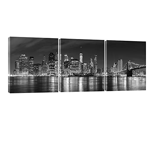 Image of Pyradecor Modern City Night View 3 Panel Canvas Prints Artwork on Canvas Wall Art Ready to Hang for Living Room Decor AH3028-5050