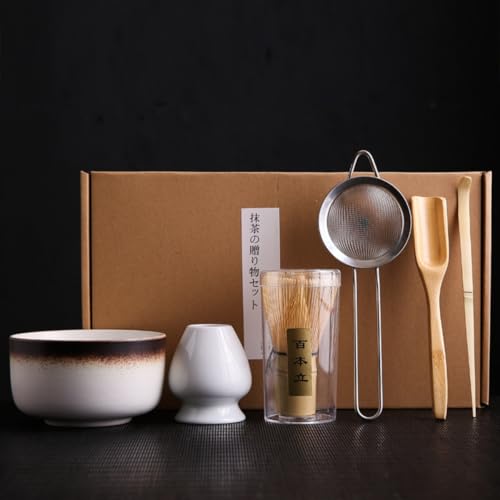 Demanca 抹茶セット 初心者向け6点 茶道入門 お茶セット 天然竹 茶筅・竹茶さじ・竹スプーン・抹茶茶碗・抹茶ホイッパー(泡立て器) 伝統茶道用品 抹茶作りに最適 ギフト (ホワイト)