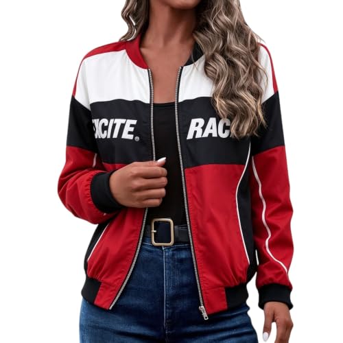 Womens Racing Jackets Casual Vintage Zip Up Race Car Bomber Jackets Red L - image 4