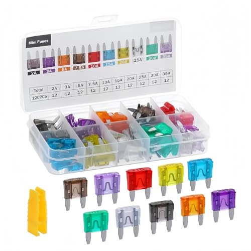 120 Pcs Car Fuses Assorted Kit Mini Blade Fuses 2A 3A 5A 7.5A10A 15A 20A 25A 30A 35A with Storage Case & Fuse Puller Automotive Fuse Box Accessories for Cars Trucks SUVs 12V-32V Applications