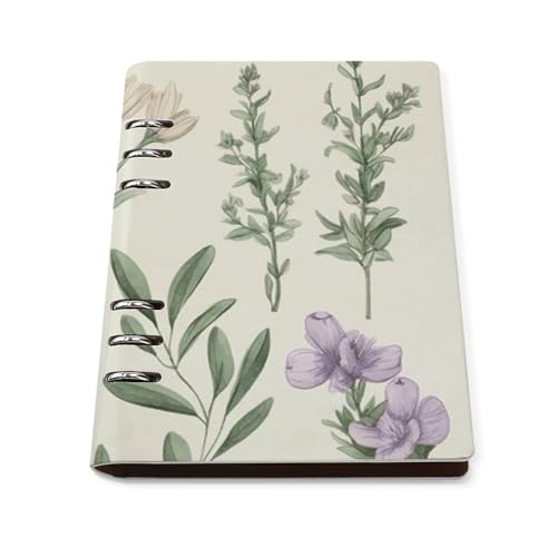 Cuaderno A5 de 6 anillas con diseño de hojas verdes y flores salvajes para organizar apuntes