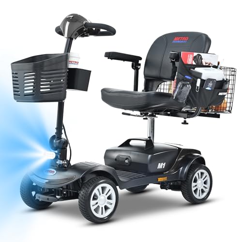 Metro Mobility 4 Wheel Powered Mobility Scooters, 300 lbs Capacity Mobility Scooters for Adults, Folding Mobility Scooter Lightweight, Electric Scooters for Seniors 10 Miles Range LED Light Black