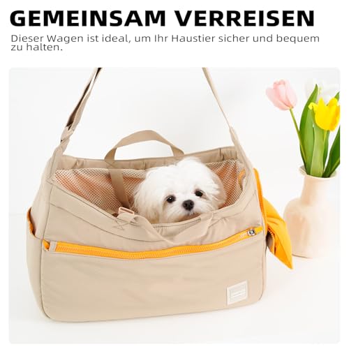 ONECUTE Business-Hundetasche für Kleine Hunde & Katzen – Klappbare Tragetasche mit Weichgepolstertem Hartboden, Belüftungsmesh & Seitentaschen – Elegant für Alltag, Outdoor & Büro (Khaki,40x14x25 cm)