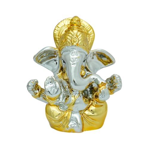 Image of Mini Gold Plated Ganesha Idol for Car Dashboard, Home Temple & Office Desk | Silver Gold Ganpati Murti Spiritual Decorative Gift Showpiece | 2.7 Inches