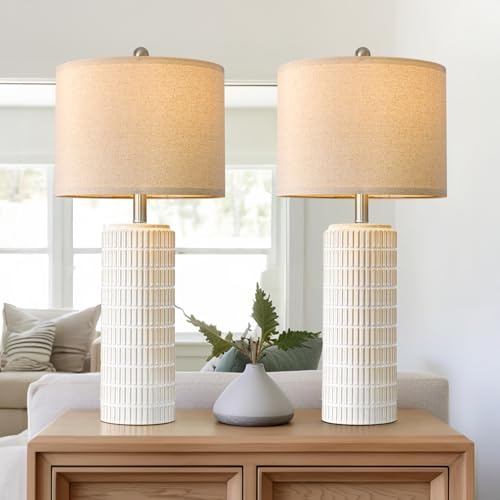 Image of PoKat 27.5'' Tall Table Lamps for Living Room Set of 2, Ceramic Bedroom Lamps for Night Stands, Modern Bedside Lamps for Bedroom Living Room, Nightstand Lamps for End Table, Hallway, Gold and White