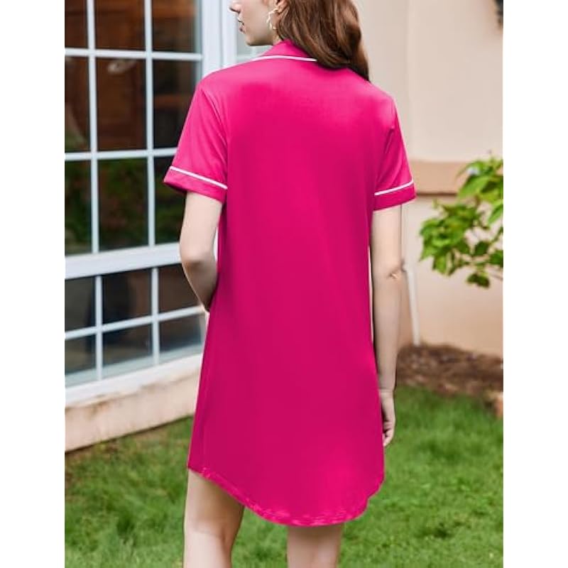 Ekouaer Nightgowns for Women Button Down Sleepshirt Short Sleeve Nightshirt Boyfriend Pajamas V Neck Nightdress S-XXXL 상세이미지 3