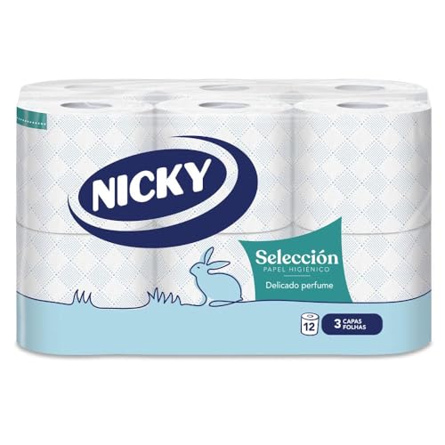 Nicky Selección Papel Higiénico - Paquete de 12 Rollos, 150 Hojas de 3 Capas, con Aroma a Talco, Papel Extrasuave Dermatológicamente Testado, Embalaje Reciclable, Celulosa 100% Pura