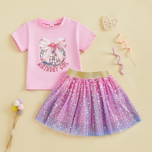 Image of Kayotuas Toddler Girl Summer Outfits Bow Embroidery Short Sleeve T-shirt and Sparkle Tutu Skirt Cute Sister Matching Dresses