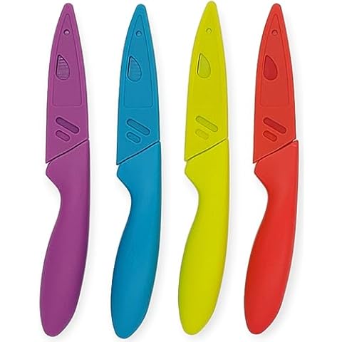 Handy Housewares 4pc Colorful Paring Knife Set with Sheath Covers, 3-inch Blade Covered Paring Knife Cover