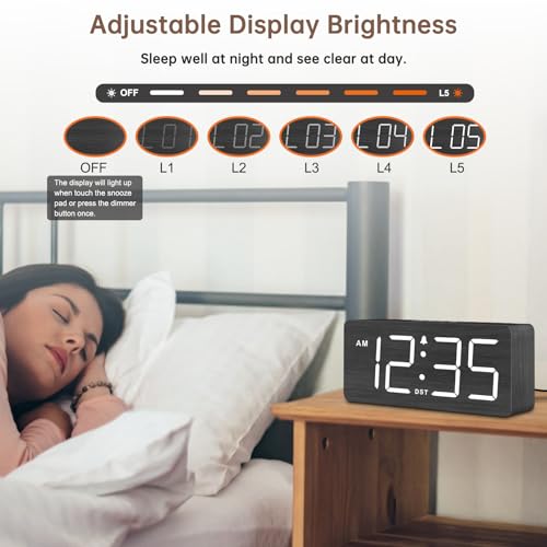 Image of DreamSky Wooden Digital Alarm Clock for Bedroom with Large Numbers | Desk Clock for Living Room Office, Loud Alarm for Heavy Sleepers Adults, Volume Control, Dimmer, DST, Wood Decor (Plug-in)