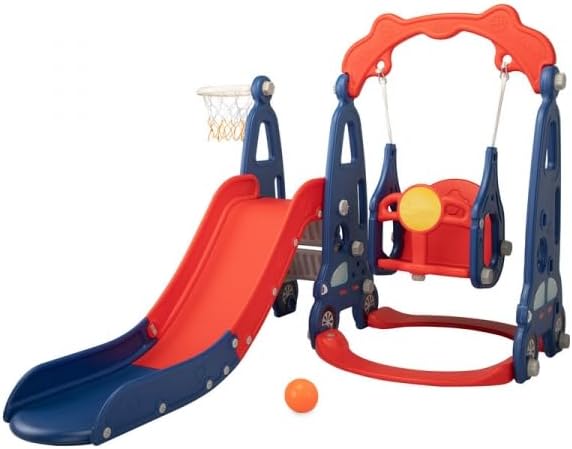 Kids Swing and Slide Set 3-in-1 Slide with Basketball Hoop for Indoor and Outdoor Activity Center (Red & Blue)