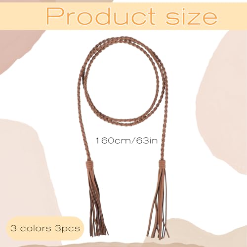 3Pcs Women's Braided Knotted Waist Belt Tassels Chain Belt Boho Rope Chain Skinny Tie Waistband for Skirt Dress2