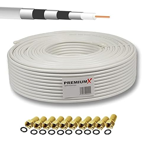 50m PremiumX Basic Pro Coaxial SAT Cable 135dB 5-way shielded Coaxial Cable Antenna Cable for 4K Ultra HD | DVB-S / S2 | DVB-C | DVB-T | BK systems + 10 x F-plug 7.5mm Cover