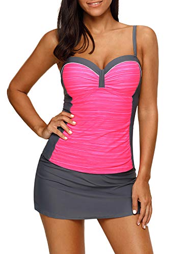 EVALESS Womens Plus Size Padded Shoulder Straps Tankini Set Two Piece Pink Medium 8 10