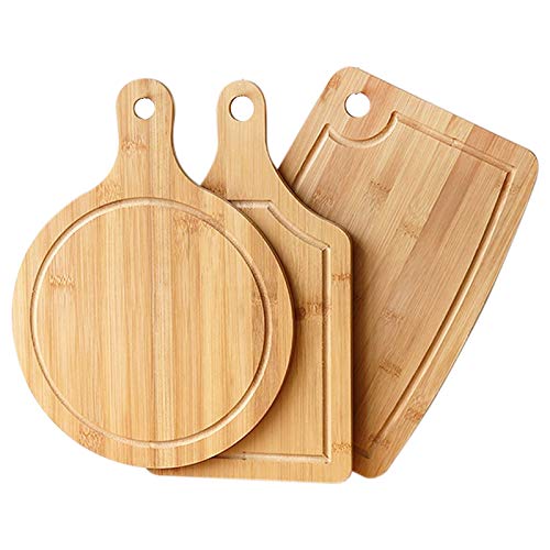 Kamenda Bamboo Cutting Boards for Kitchen with Juice Groove, Pizza Fruit Board, Set of 3 Kitchen Chopping Board with Juice and Large Handles