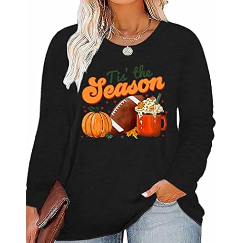 GeLivable Plus Size Thanksgiving Pumpkin Football Fall Long Sleeve Tops for Women Graphic Print Shirts, Black, X-Large More Cover