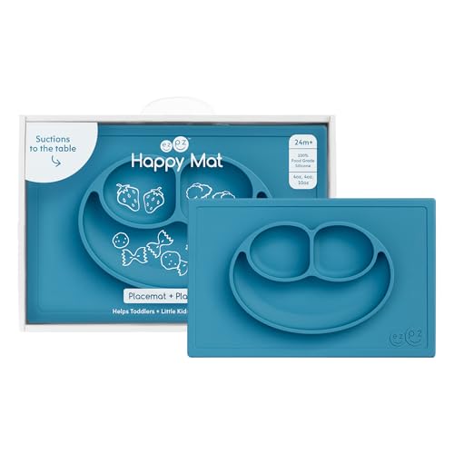 ezpz Happy Mat (Blue) - 24 Months+ - 100% Silicone Suction Placemat + Divided Plate with Three Compartments - Toddler + Preschool Essentials