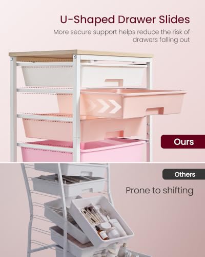 VASAGLE 5-Drawer Rolling Storage Cart, Mobile Organizer Trolley with Wood Top and Metal Frame, for Craft Room, Office, 15.6 x 11.2 x 24.8 inch, Pink, BENCO Collection ULRC005S101 - Image 4