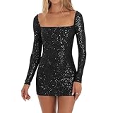 FWSAM Women Sexy Long Sleeve Sparkly Sequin Bodycon Mini Dress Square Neck See Through Backless Self Tie Up Short Dress Black