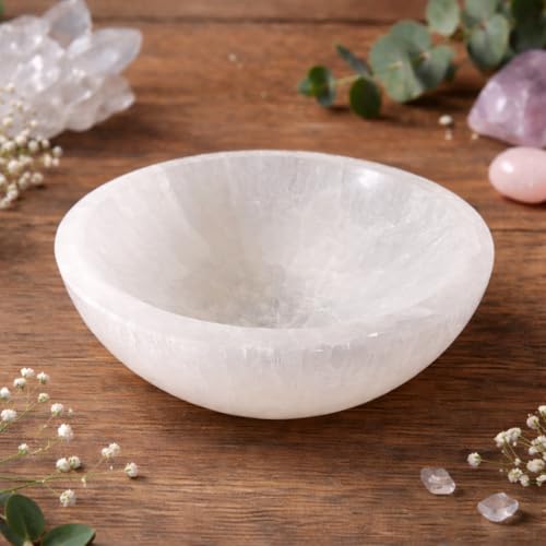 Cuenco de Cristal de selenita Natural, Redondo, 10 cm: Cuenco Decorativo de Cuarzo Tallado a Mano para la decoración del hogar.