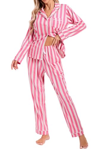 Image of LUBOT 100% Cotton Pajamas for Women Pajama Set 2 Piece PJ Sleepwear Set Soft Ladies Button Knit Long Sleeve Loungewear XS-XXL