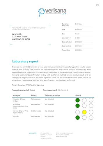 Comprehensive STD Test for Women – Check for HIV, Hepatitis C, Syphilis, Herpes Simplex Type 2, Chlamydia, Gonorrhea, Trichomoniasis – Verisana