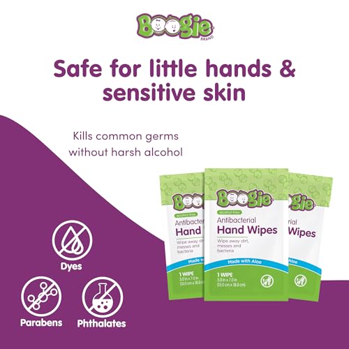 Image of Boogie Antibacterial Hand Wipes - 30 Count - Hypoallergenic & Alcohol-Free - Individually Wrapped - Travel and Diaper Bag Essential