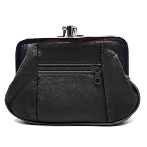 Charmoni - Portefeuille Femme - Porte Monnaie Fermeture clic clac Fermoir - Poche zippée - en Cuir d'agneau - 15 x 10 x 1 cm (Noir)