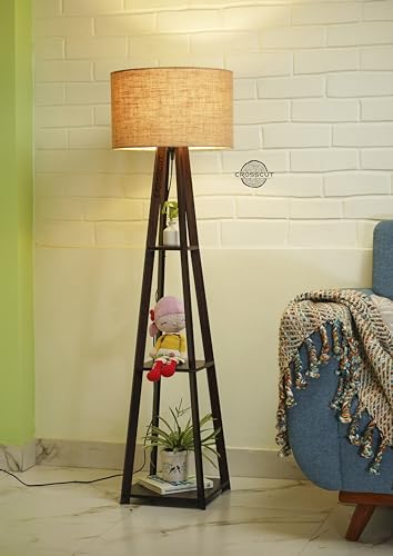 Crosscut Furniture Wooden Floor Lamp with Shelf in Dark Finish (N...