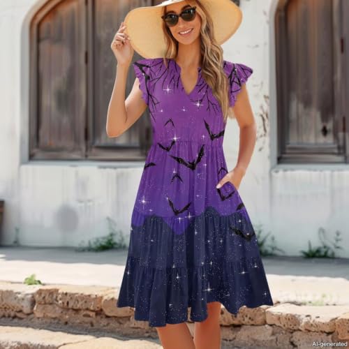 Image of Womens Summer Dress Ruffle Sleeve V Neck Dress Casual Fit Flowy Beach Vacation Sundress with Pocket S-2XL