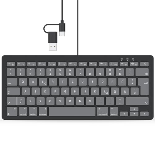 TECURS Mac Tastatur Kabelgebunden QWERTZ Deutsch MacBook Tastatur mit Kabel und Type C/USB Anschluss Multimedia Kompatibel mit Mac OS/Mini iMac/MacBook Pro/Air Graphit