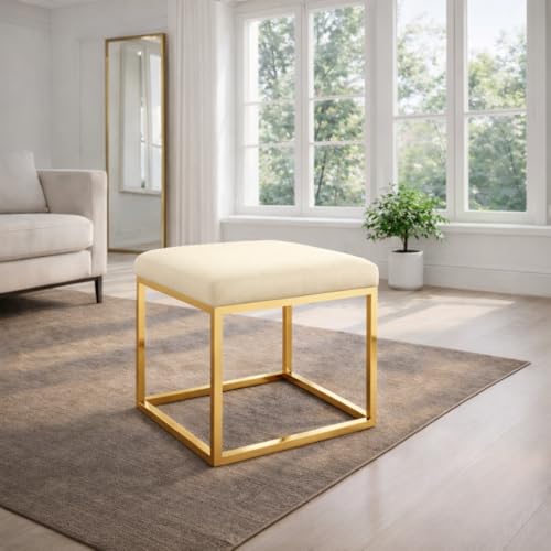 Image of Square Metal Ottoman /Sitting Stool /Living Room Furniture /Office, Velvet Footstool /Footrest Pouffes Home Decor (Cream) - 30.48 Cm, 38 Cm