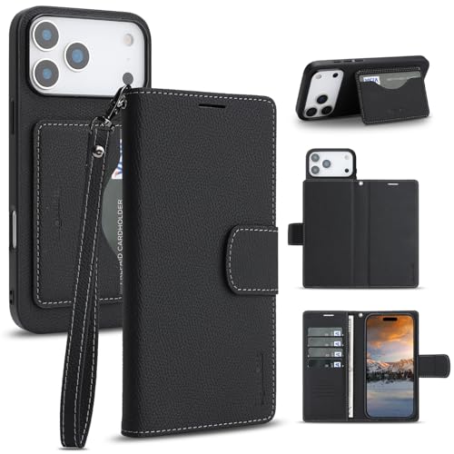 �yRFID �J�[�h���[�z iPhone 17 Pro Max �p �P�[�X 2in1 �蒠�^ PU���U�[ �}�O�l�b�g �J�����ی� �X�g���b�v�t�� �ϏՌ� �A�C�t�H��17�v���}�b�N�X �J�o�[ (�u���b�N)