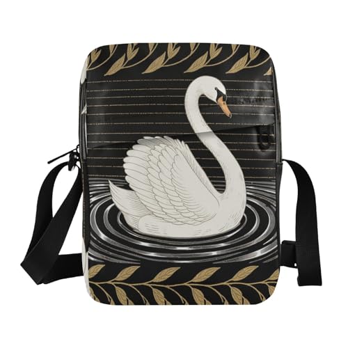 mens messenger bag crossbody Small Crossbody Bags For Women Croos Body Purses Adjustable Strap for business business- Black Golden Leaves Swan