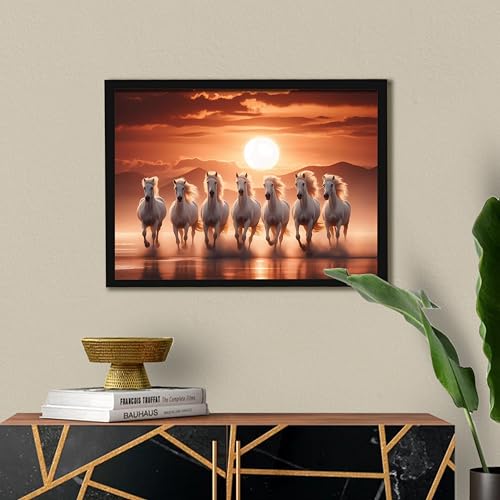 Image of 7 White Running Horses Vastu with Sunrise Framed Wall Art Painting for Living Room | Seven Horse Wall Painting With Frame Symbol of Success Wall Art for Home & Office, 17x23 Inch